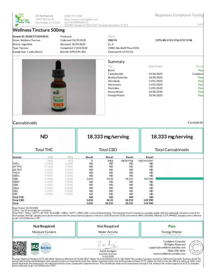 CBDfx CBD CBG Wellness Tincture 500mg COA