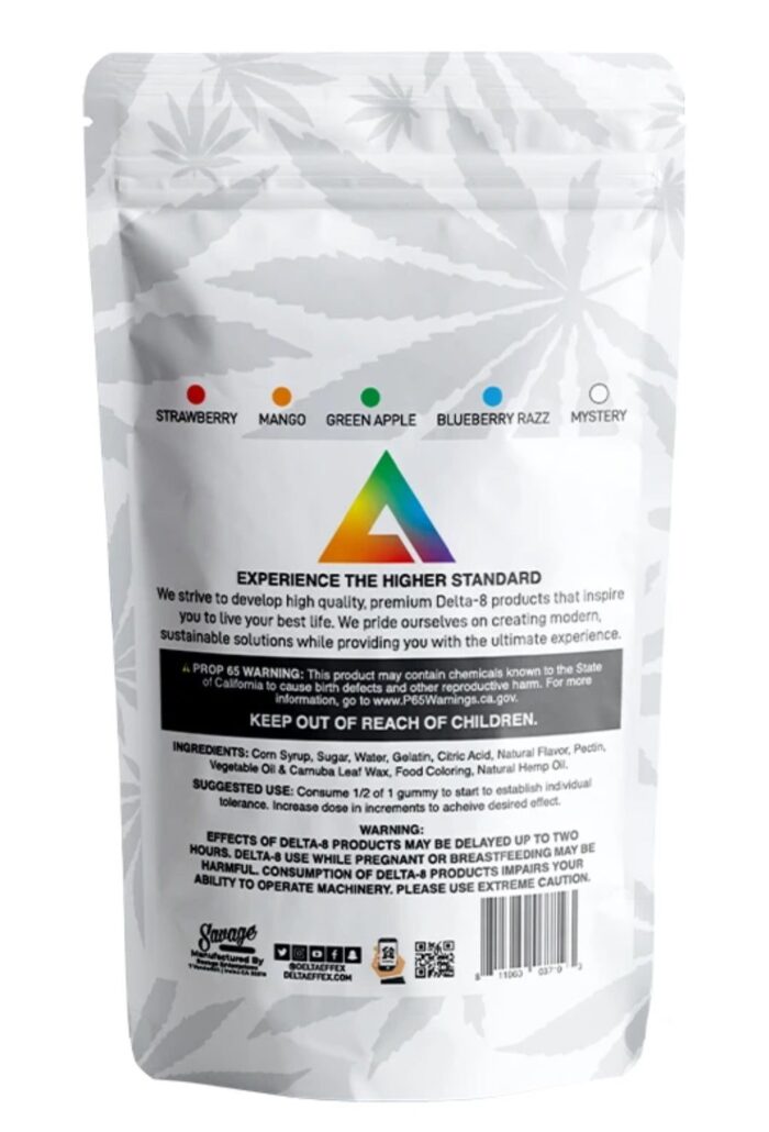 Delta Effex Delta 8 THC Gummies 200mg Rainbow Pack Supplement Facts Packaging Back
