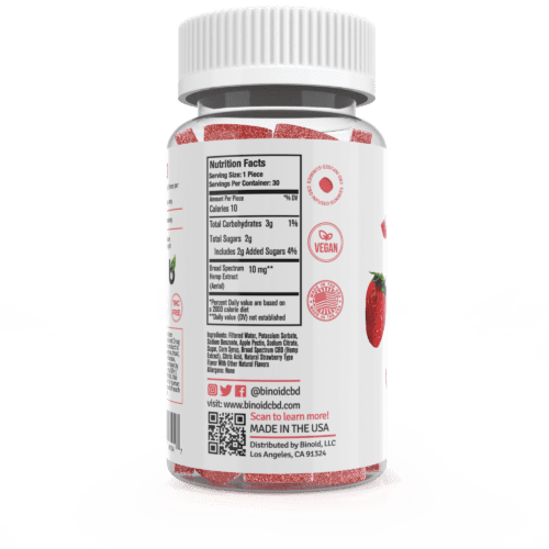 Binoid CBD Gummy Sour Strawberry 300mg Nutritional Fact Ingredients Label